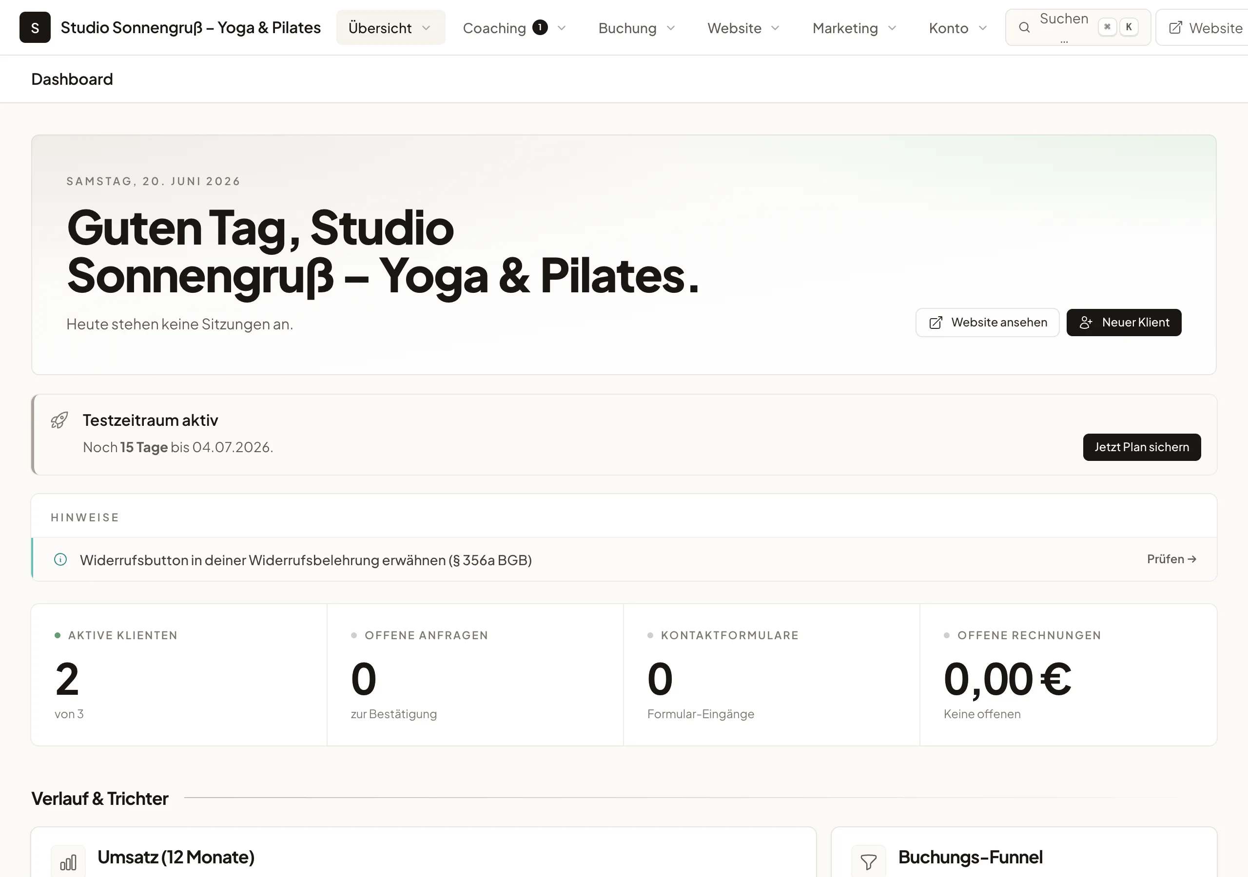 Dashboard eines Yoga-Studios